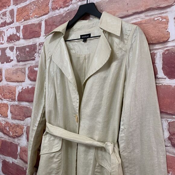 Bebe Jacket Women's Large Cream Shimmery Linen Blend Lightweight Long Blazer - Picture 3 of 9